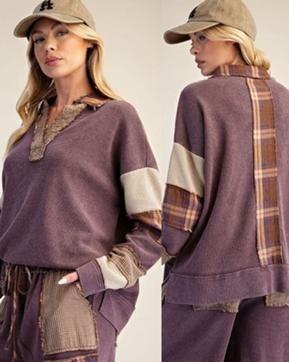 Easel Purple Plaid Oversized Patchwork Thermal Waffle Knit Washed V-Neck NWT